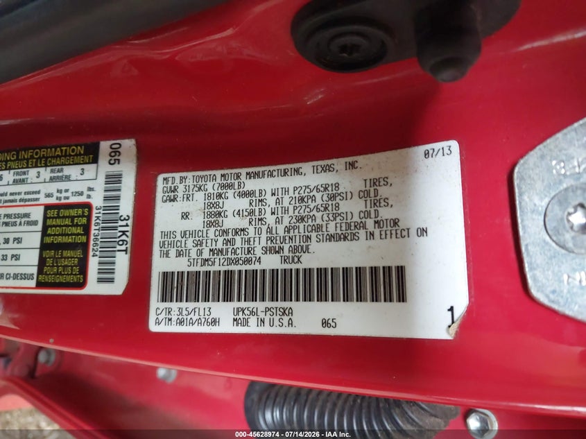 2013 Toyota Tundra Grade 4.6L V8 VIN: 5TFDM5F12DX050074 Lot: 45628974