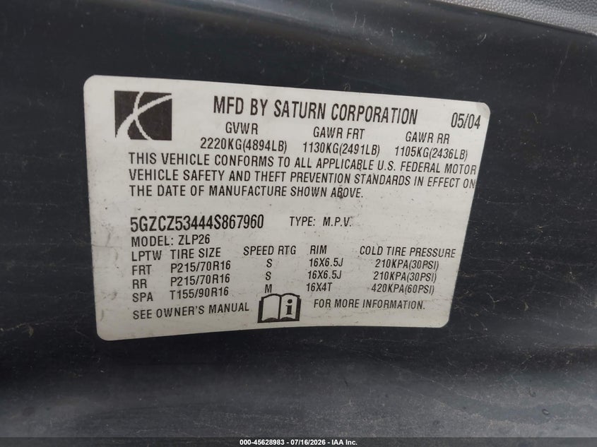 2004 Saturn Vue 4 Cyl VIN: 5GZCZ33D14S815609 Lot: 45628983