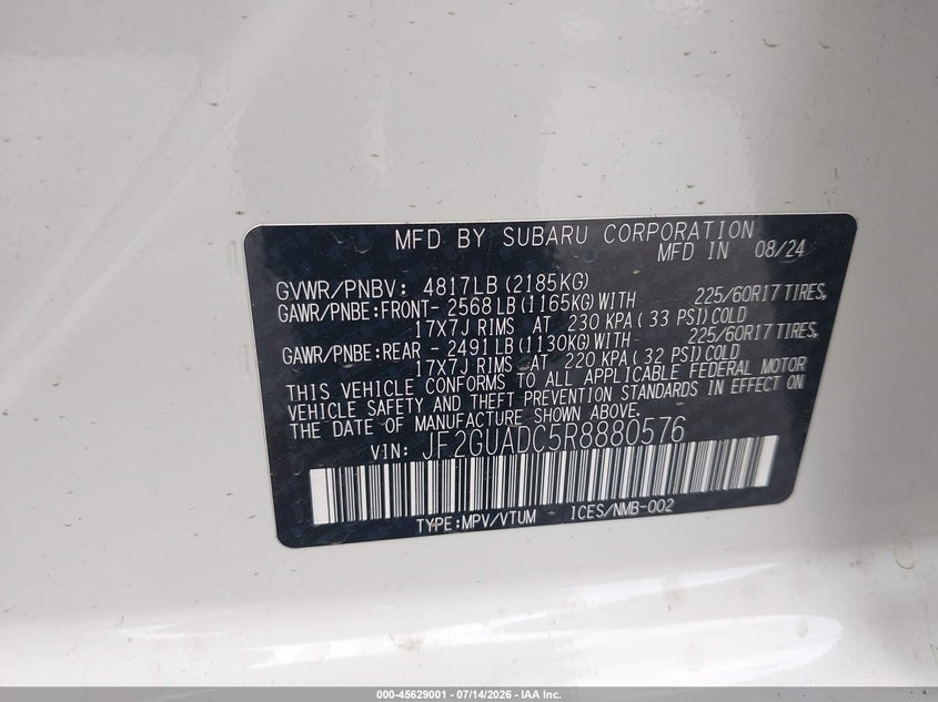 2024 Subaru Crosstrek Premium VIN: JF2GUADC5R8880576 Lot: 45629001