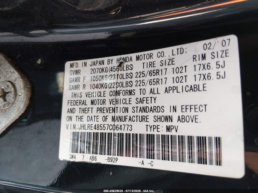 2007 Honda Cr-V Ex VIN: JHLRE48557C064773 Lot: 45629030