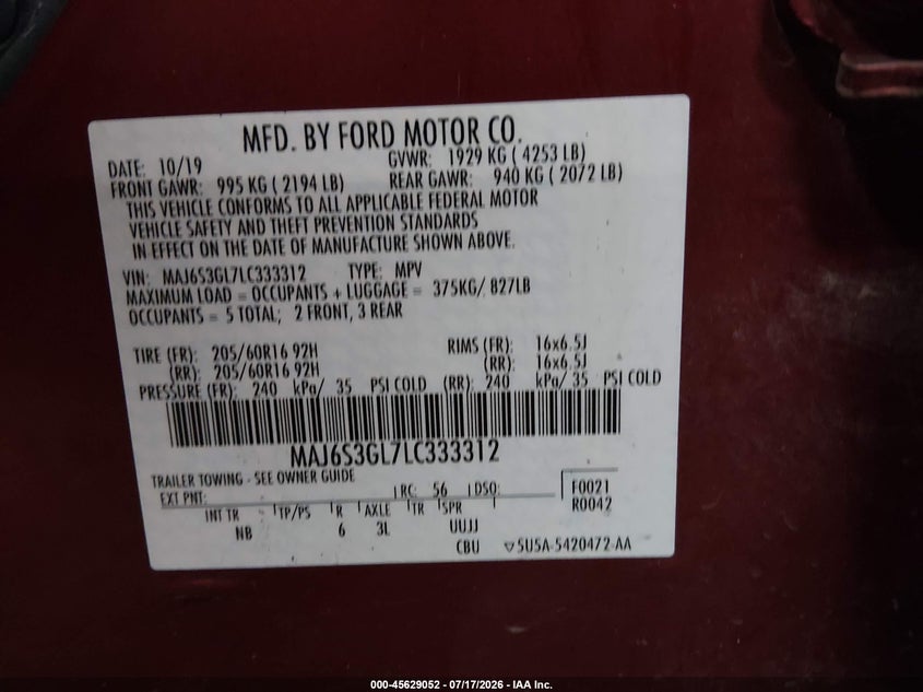 2020 Ford Ecosport Se VIN: MAJ6S3GL7LC333312 Lot: 45629052