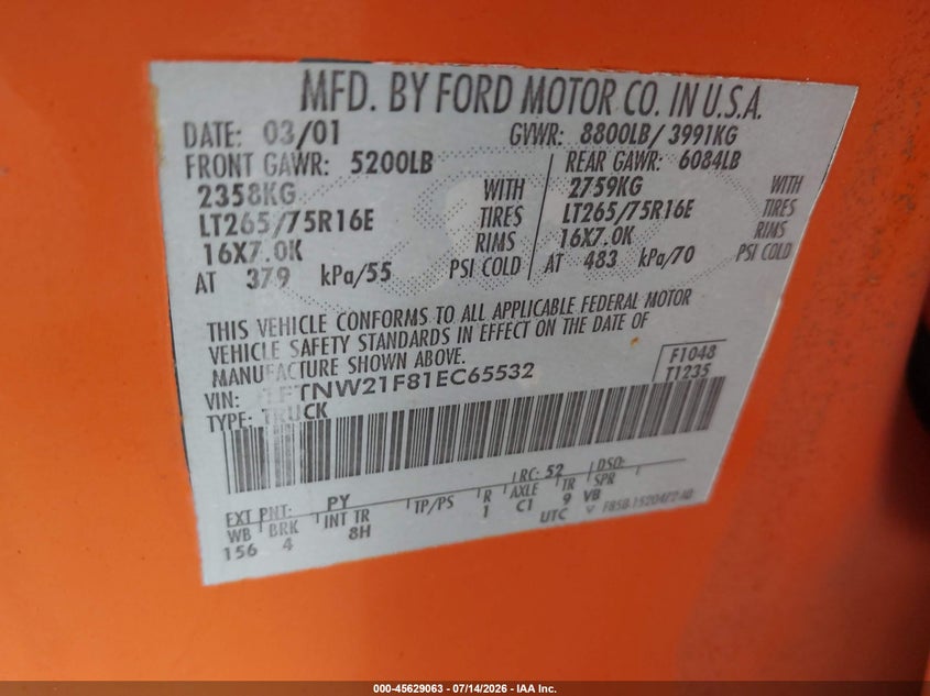 2001 Ford F-250 Lariat/Xl/Xlt VIN: 1FTNW21F81EC65532 Lot: 45629063