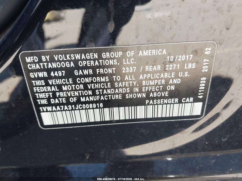 2018 Volkswagen Passat 2.0T R-Line/2.0T S VIN: 1VWAA7A31JC008916 Lot: 45629076