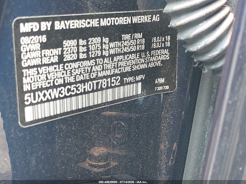 2017 BMW X4 xDrive28I VIN: 5UXXW3C53H0T78152 Lot: 45629090
