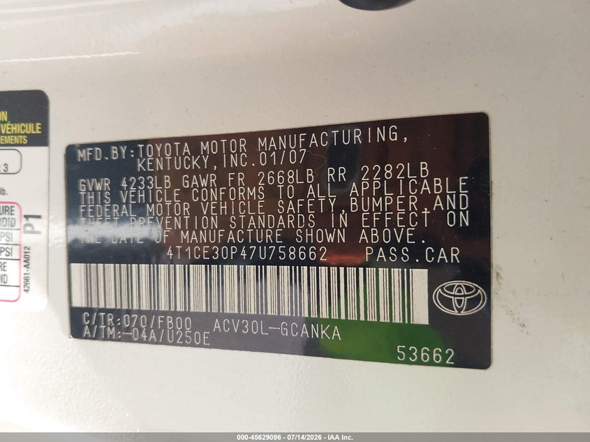 2007 Toyota Camry Solara Se VIN: 4T1CE30P47U758662 Lot: 45629096
