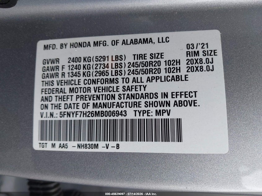 2021 Honda Passport 2Wd Sport VIN: 5FNYF7H26MB006943 Lot: 45629097
