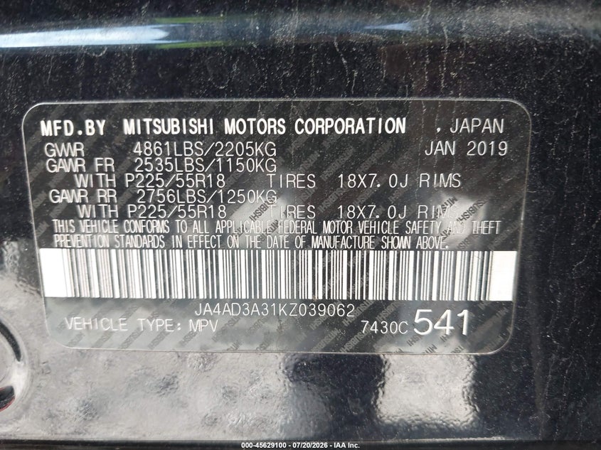 2019 Mitsubishi Outlander Le VIN: JA4AD3A31KZ039062 Lot: 45629100