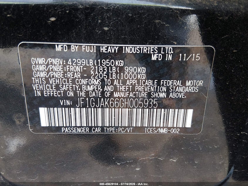2016 Subaru Impreza 2.0I Limited VIN: JF1GJAK66GH005935 Lot: 45629104