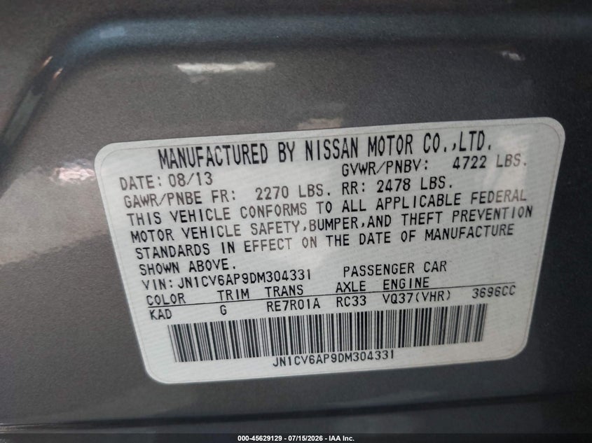 2013 Infiniti G37 Journey VIN: JN1CV6AP9DM304331 Lot: 45629129