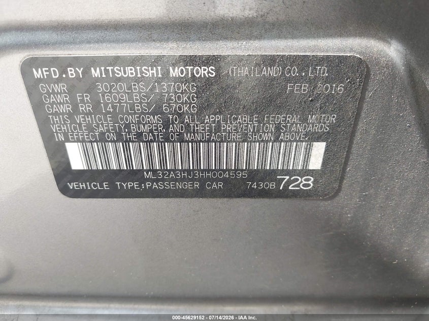 2017 Mitsubishi Mirage Es VIN: ML32A3HJ3HH004595 Lot: 45629152