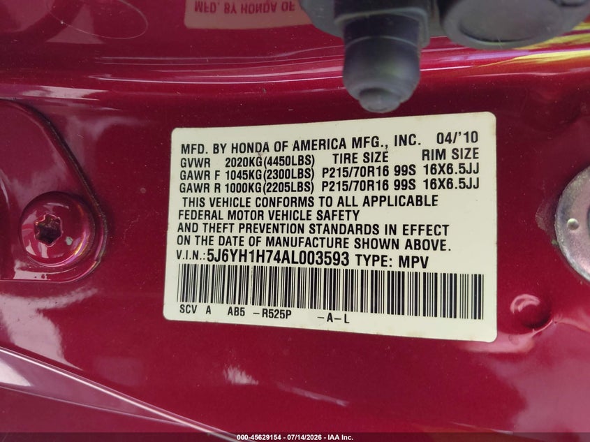 2010 Honda Element Ex VIN: 5J6YH1H74AL003593 Lot: 45629154
