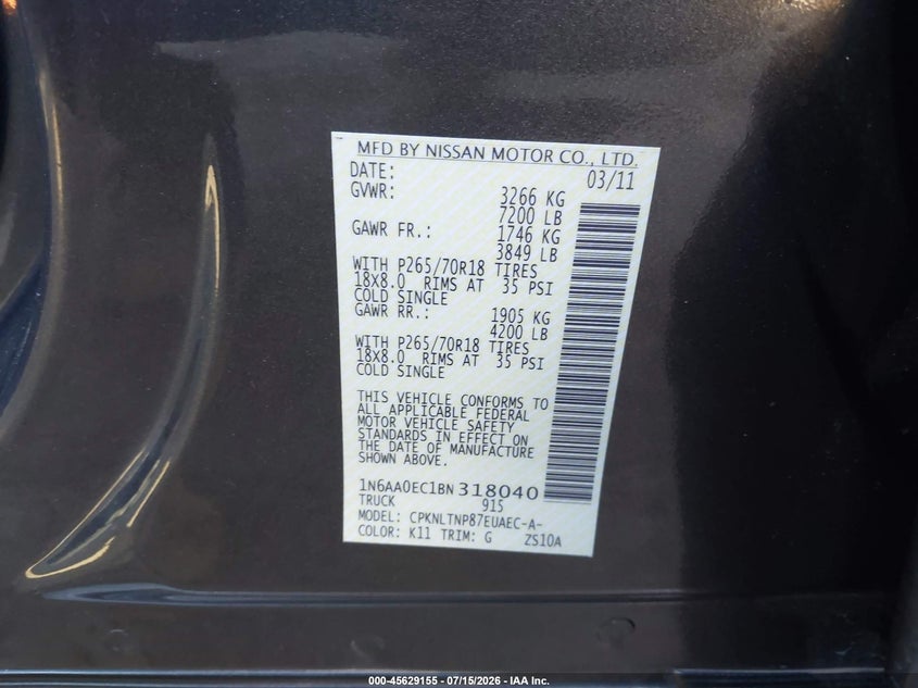 2011 Nissan Titan Sv VIN: 1N6AA0EC1BN318040 Lot: 45629155