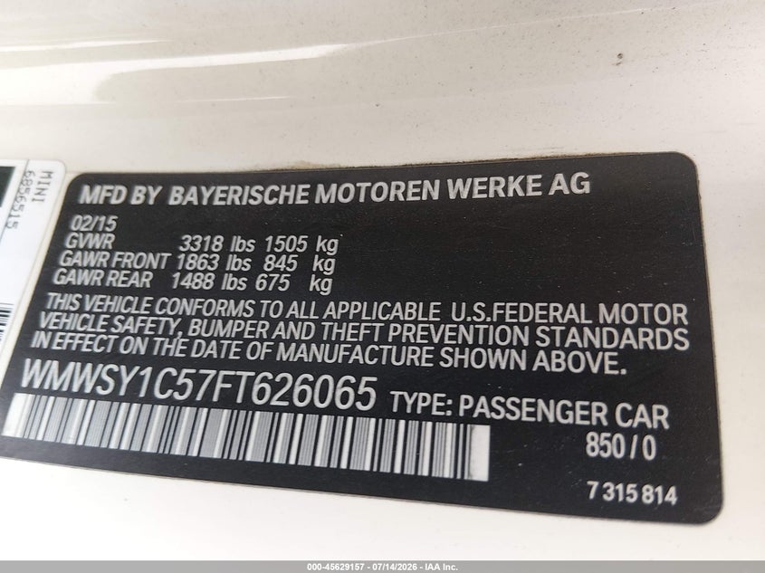 2015 Mini Roadster Cooper VIN: WMWSY1C57FT626065 Lot: 45629157