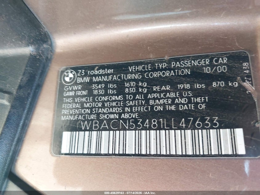 2001 BMW Z3 3.0I VIN: WBACN53481LL47633 Lot: 45629163