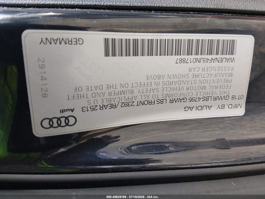 2018 Audi A4 2.0T Premium/2.0T Tech Premium VIN: WAUENAF49JN017887 Lot: 45629169