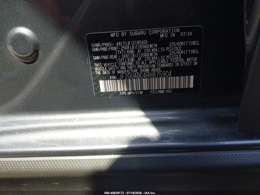 2024 Subaru Crosstrek Premium VIN: JF2GUADC4RH875904 Lot: 45629172