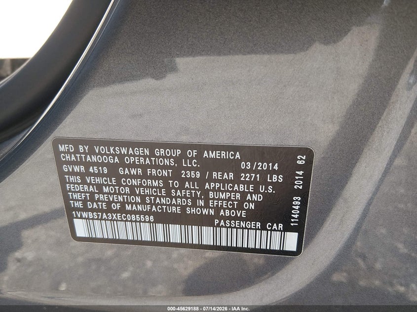 2014 Volkswagen Passat 1.8T Se VIN: 1VWBS7A3XEC085596 Lot: 45629188