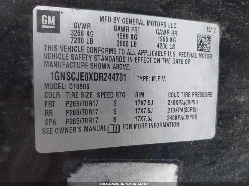 2013 Chevrolet Suburban Lt VIN: 1GNSCJE0XDR244701 Lot: 45629205