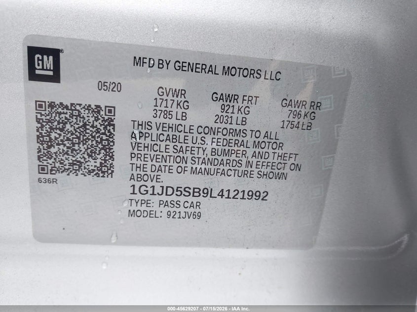 2020 Chevrolet Sonic Fwd Lt VIN: 1G1JD5SB9L4121992 Lot: 45629207