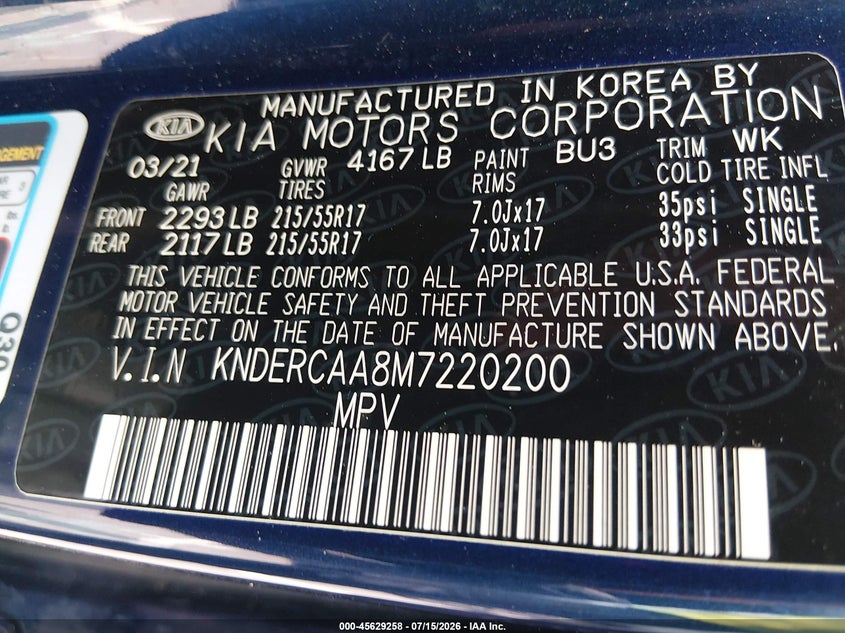 2021 Kia Seltos Ex VIN: KNDERCAA8M7220200 Lot: 45629258