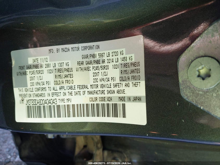 2013 Mazda Cx-9 Grand Touring VIN: JM3TB3DA8D0404043 Lot: 45629273