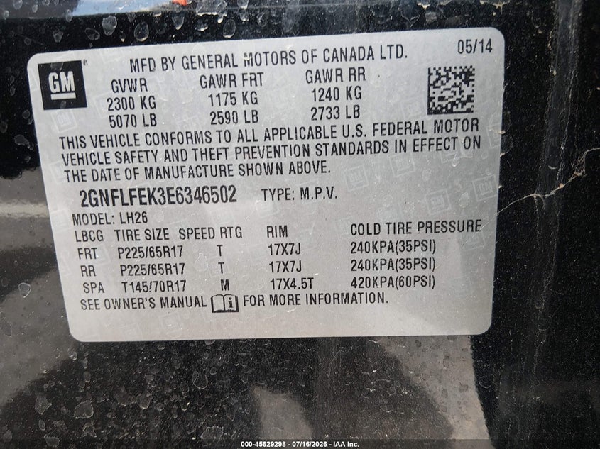 2014 CHEVROLET EQUINOX SPORT UTILITY VEHICLE 2.4L I-4 DI, DOHC, VVT, 182HP