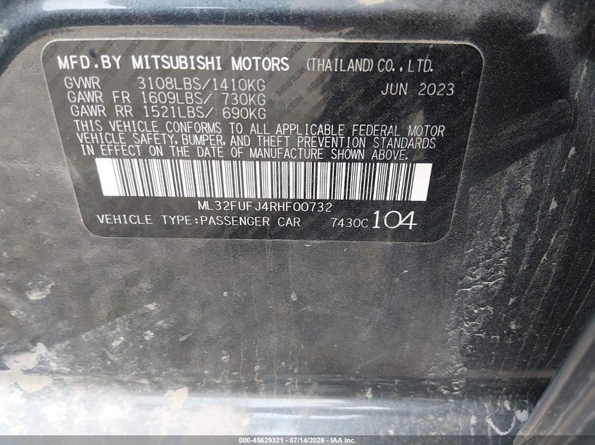 2024 Mitsubishi Mirage G4 Es VIN: ML32FUFJ4RHF00732 Lot: 45629321