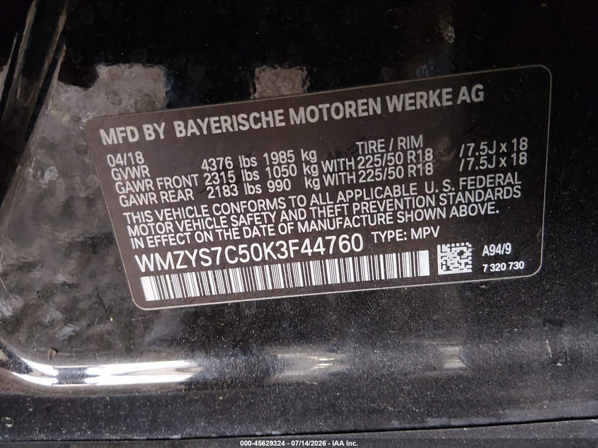 2019 Mini Countryman Cooper VIN: WMZYS7C50K3F44760 Lot: 45629324