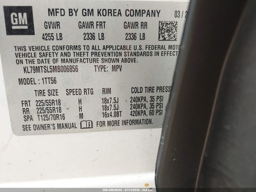 2021 Chevrolet Trailblazer Fwd Rs VIN: KL79MTSL5MB006856 Lot: 45629345