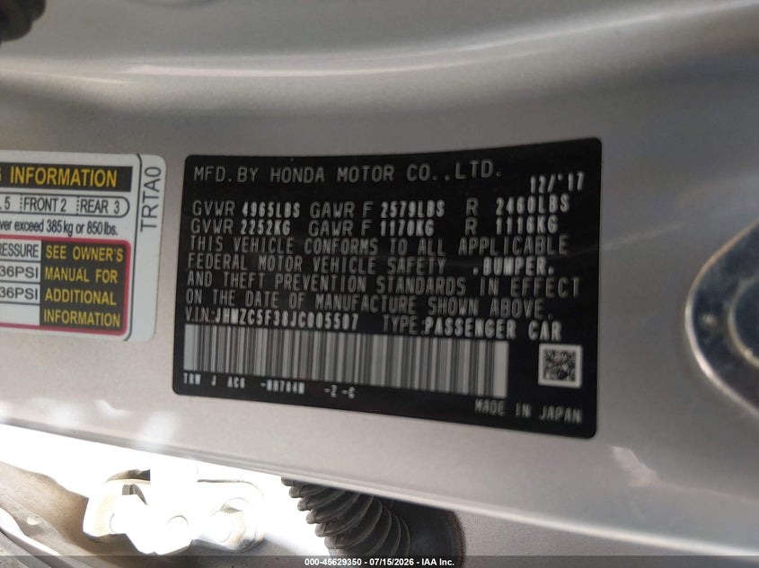 2018 Honda Clarity Plug-In Hybrid Touring VIN: JHMZC5F38JC005507 Lot: 45629350