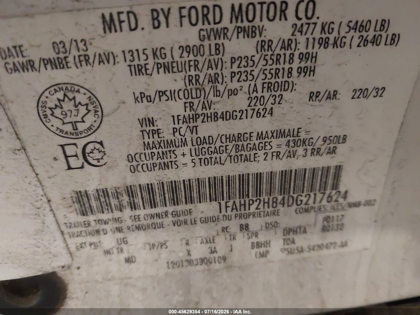 2013 Ford Taurus Sel VIN: 1FAHP2H84DG217624 Lot: 45629354