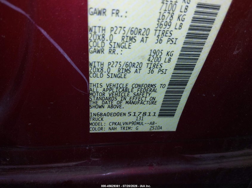 2014 Nissan Titan Sl VIN: 1N6BA0ED0EN517811 Lot: 45629361