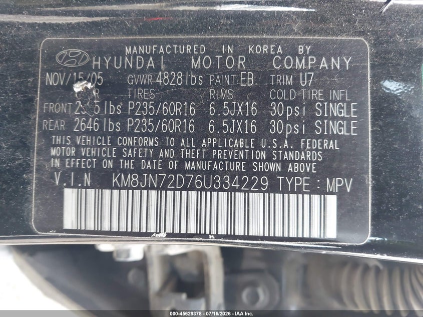 2006 Hyundai Tucson Gls/Limited VIN: KM8JN72D76U334229 Lot: 45629378