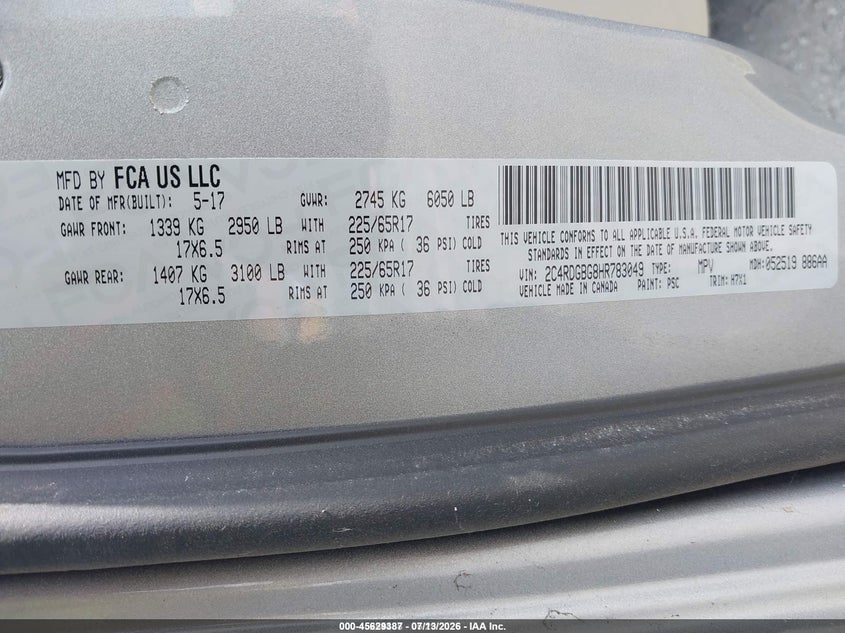2017 Dodge Grand Caravan Se VIN: 2C4RDGBG8HR783049 Lot: 45629387