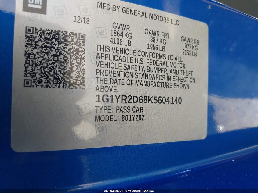 2019 Chevrolet Corvette Z06 VIN: 1G1YR2D68K5604140 Lot: 45629391