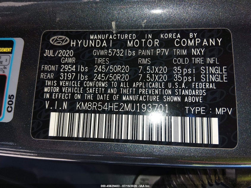 2021 Hyundai Palisade Limited VIN: KM8R54HE2MU193701 Lot: 45629403