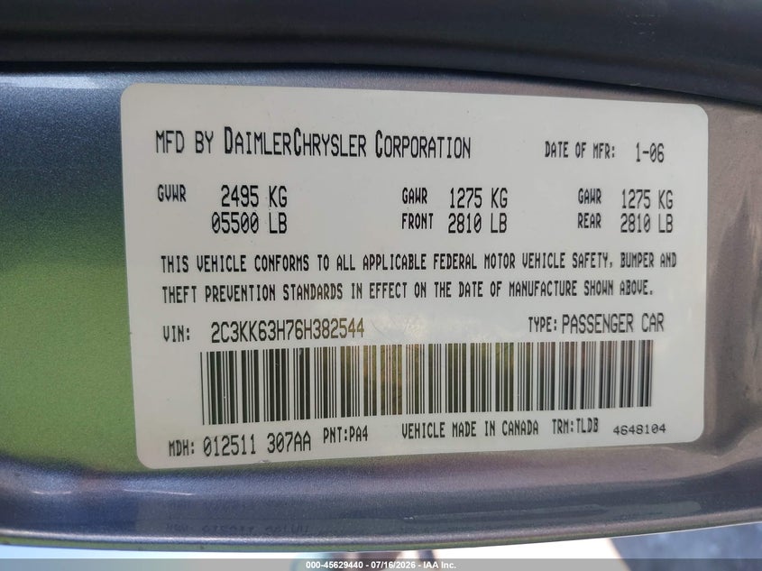 2006 Chrysler 300C VIN: 2C3KK63H76H382544 Lot: 45629440