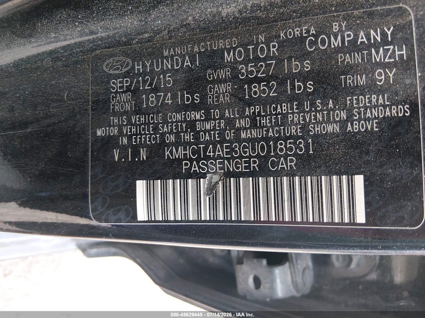 2016 Hyundai Accent Se VIN: KMHCT4AE3GU018531 Lot: 45629445