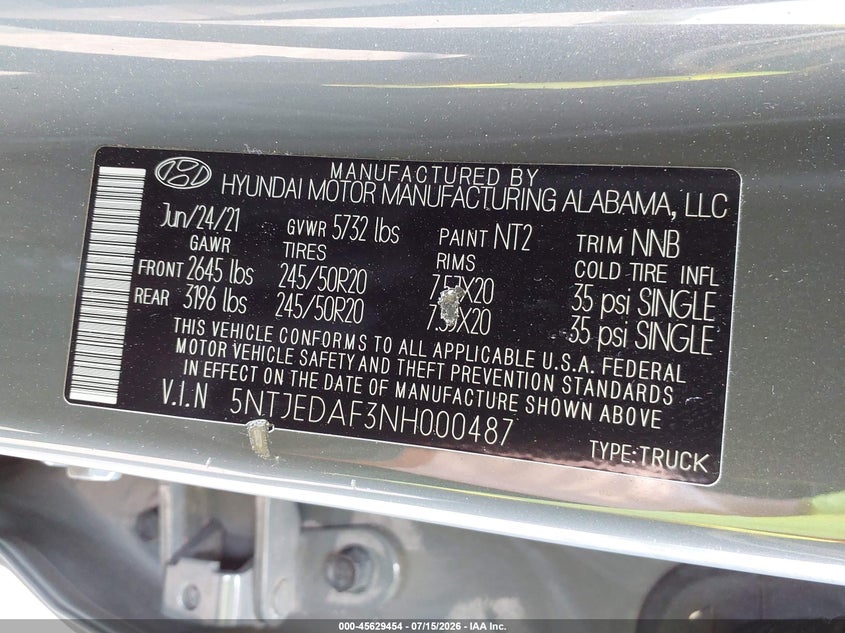 2022 Hyundai Santa Cruz Limited VIN: 5NTJEDAF3NH000487 Lot: 45629454