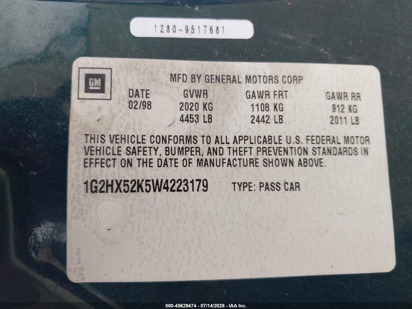 1998 Pontiac Bonneville Se VIN: 1G2HX52K5W4223179 Lot: 45629474
