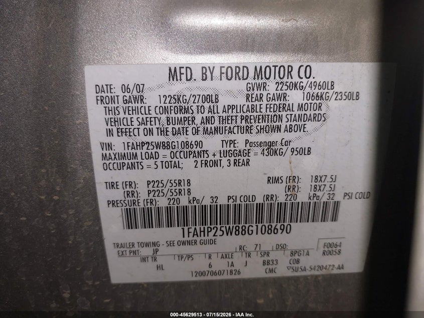 2008 Ford Taurus Limited VIN: 1FAHP25W88G108690 Lot: 45629513