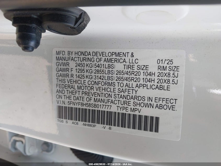 2025 Honda Passport Awd Ex-L VIN: 5FNYF8H58SB017777 Lot: 45629530