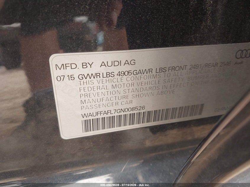2016 Audi A4 Premium Plus VIN: WAUFFAFL7GN008526 Lot: 45629539