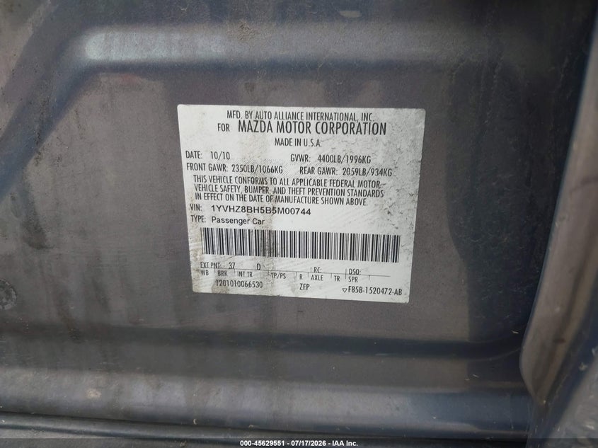2011 Mazda Mazda6 I Sport VIN: 1YVHZ8BH5B5M00744 Lot: 45629551