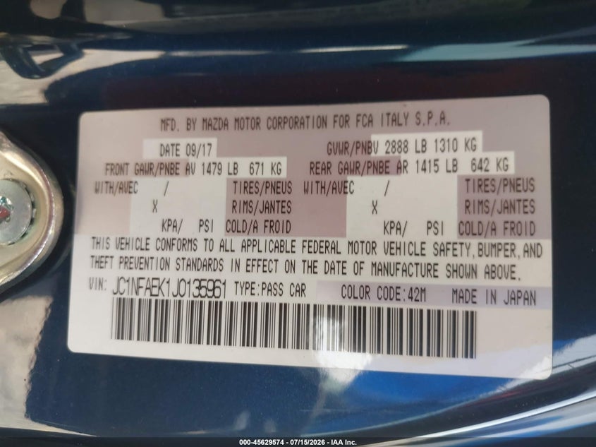 2018 Fiat 124 Spider Classica VIN: JC1NFAEK1J0135961 Lot: 45629574