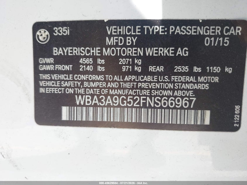 2015 BMW 335I VIN: WBA3A9G52FNS66967 Lot: 45629584