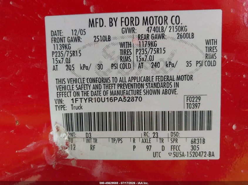 2006 Ford Ranger Sport/Stx/Xl/Xlt VIN: 1FTYR10U16PA52870 Lot: 45629588