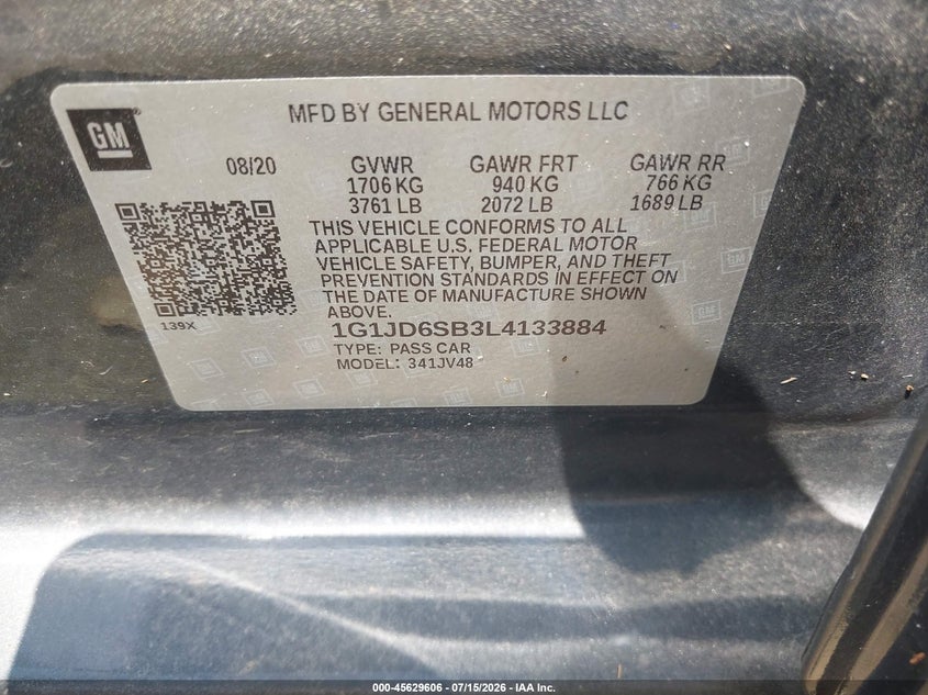 2020 Chevrolet Sonic Fwd Lt 5-Door VIN: 1G1JD6SB3L4133884 Lot: 45629606
