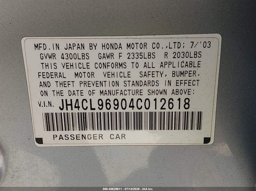 2004 Acura Tsx VIN: JH4CL96904C012618 Lot: 45629611
