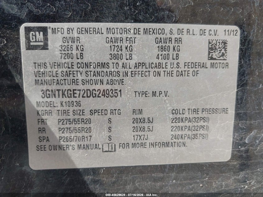 CHEVROLET AVALANCHE 2013 VIN 3GNTKGE72DG249351